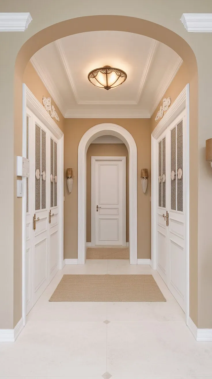 A breath of fresh air. This decorative hallway design boasts a stunning molded hallway, showcasing clever hallway design ideas and clean entryway design. The beige and white color palette, complemented by thoughtful hallway wall decor ideas and hallway flooring ideas, creates an effortlessly elegant space.  Explore beige home decor ideas and elevate your own house hallway design.