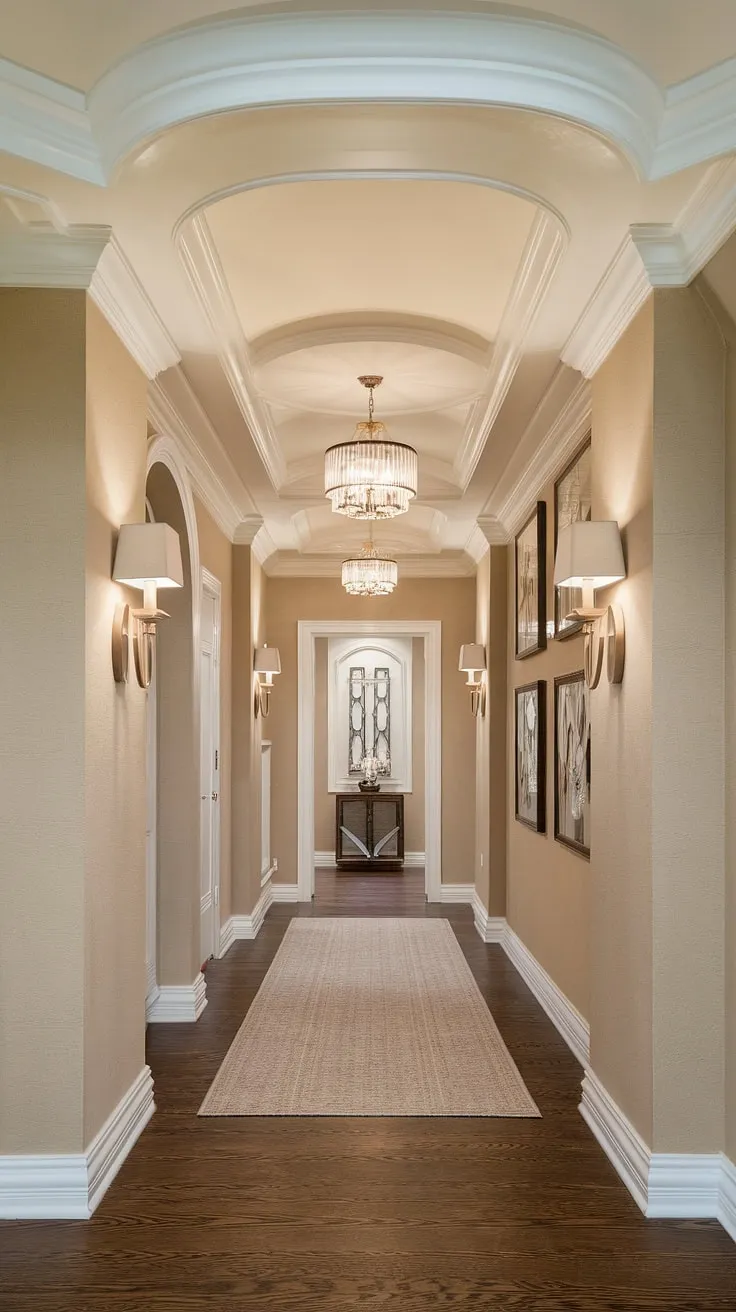 Elegant hallway interiors don't get much better than this.  The interplay of light and shadow in this molded hallway, accented by tasteful hallway wall decor ideas, creates a truly captivating space.  The clean entryway design and neutral hallway decor are the perfect foundation for your own beige home decor ideas, inspiring countless hallway design ideas and hallway flooring ideas.