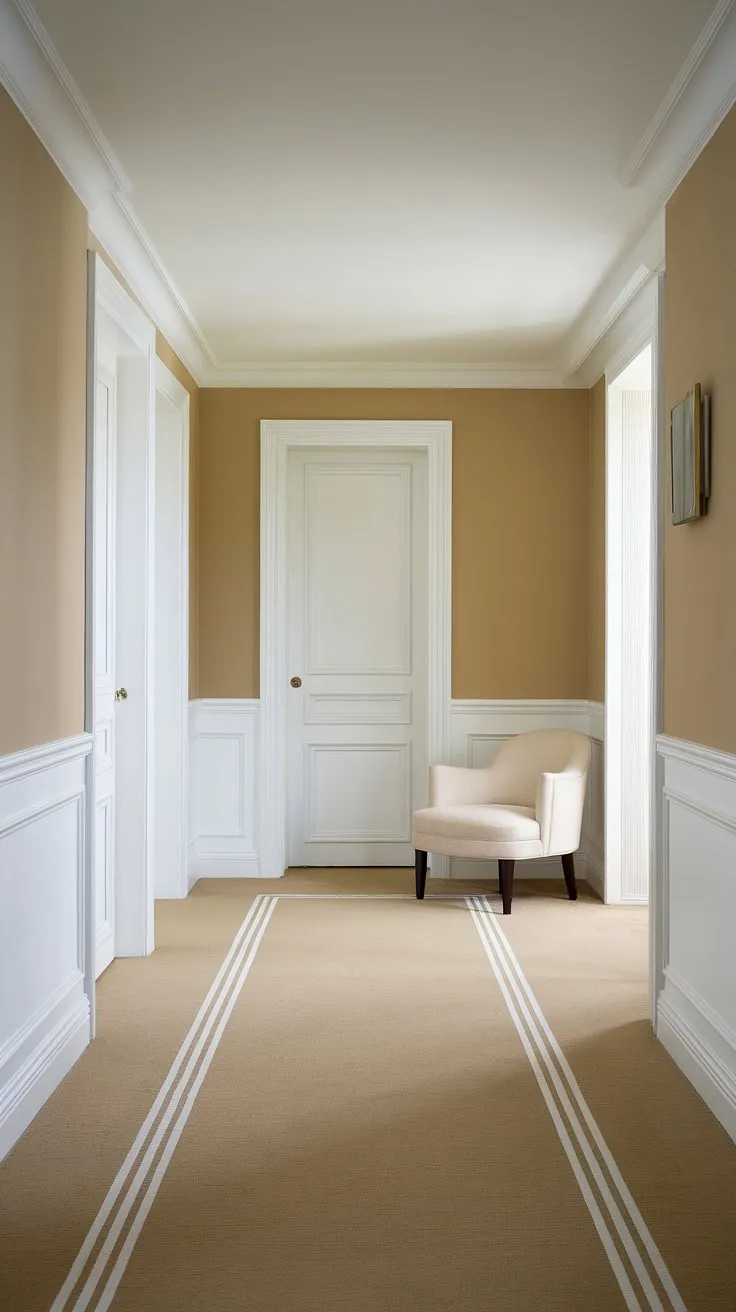 Step into serenity. This molded hallway, a testament to elegant hallway interiors, showcases the beauty of neutral hallway decor with its beige home decor ideas and clean entryway design.  The hallway flooring ideas, featuring beige carpet and crisp white lines, complement the calming beige and white color scheme.  Perfect inspiration for hallway design ideas and house hallway design, this space effortlessly blends style and functionality.  Consider this a masterclass in decorative hallway design and hallway wall decor ideas.