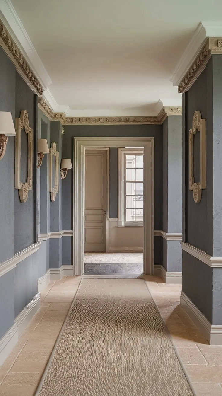 Step into serenity with this elegant hallway, showcasing a sophisticated blend of beige and grey.  The molded hallway, complete with a beige carpet runner and tasteful wall lamps, offers a masterclass in hallway design ideas and hallway flooring ideas.  This clean entryway design, featuring neutral hallway decor and decorative hallway design elements, exemplifies the best in house hallway design and beige home decor ideas.  The subtle grey accents and beige molding create a truly stunning and inviting space.
