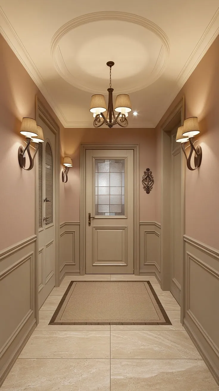 The warmth of this molded hallway is undeniable.  From the hallway design ideas in the carefully chosen beige home decor ideas to the thoughtful hallway flooring ideas, every detail contributes to a decorative hallway design.  The clean entryway design is effortlessly chic, offering a wealth of inspiration for your own elegant hallway interiors and hallway wall decor ideas.