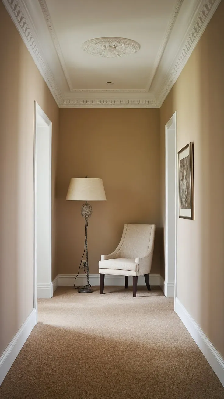 Step into serenity. This molded hallway, with its elegant interiors and neutral hallway decor, showcases the perfect blend of clean entryway design and decorative hallway design.  The beige home decor ideas, including the hallway flooring ideas and hallway wall decor ideas, create a sophisticated and calming atmosphere.  A testament to refined house hallway design.