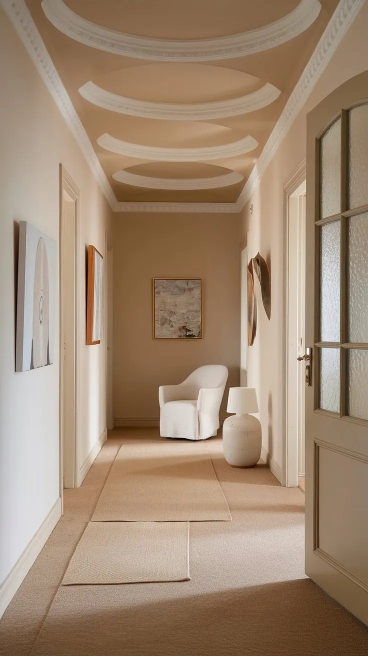 Discover the art of understated elegance in this decorative hallway design.  The molded hallway showcases beige home decor ideas and hallway flooring ideas that are both practical and stylish.  Hallway design ideas are brought to life with thoughtful touches like the white chair and lamp, creating a clean entryway design.  This neutral hallway decor and hallway wall decor ideas make for truly elegant hallway interiors.