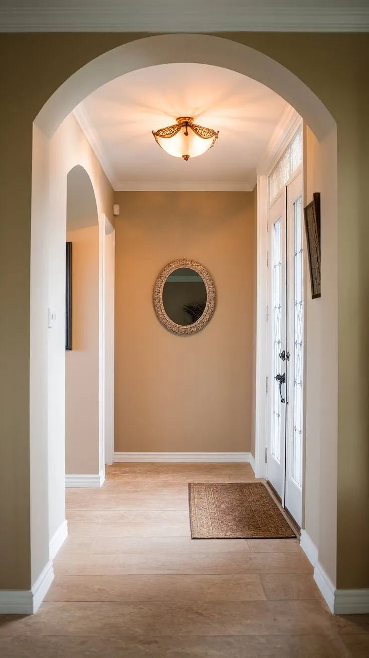 Step into serenity. This molded hallway boasts a clean entryway design, showcasing elegant hallway interiors with neutral hallway decor and warm lighting.  The beige home decor ideas, including the hallway wall decor ideas and hallway flooring ideas, create a sophisticated house hallway design that's perfect for inspiration.