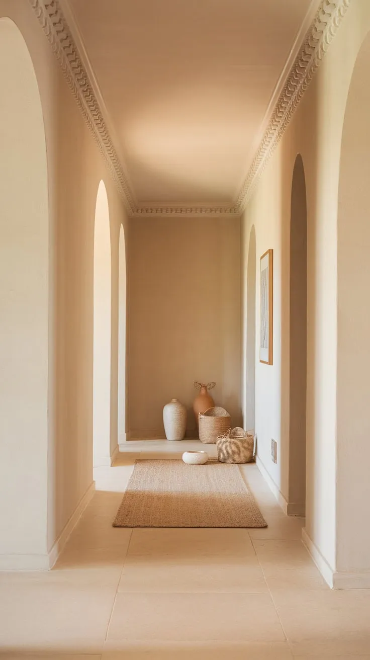 This molded hallway is a masterclass in understated elegance.  The warm lighting and neutral hallway decor create a calming atmosphere, while the thoughtful placement of decorative items elevates the space.  Explore hallway flooring ideas and hallway wall decor ideas for your own home, drawing inspiration from this clean entryway design and beige home decor ideas.  Discover the perfect blend of style and functionality in this decorative hallway design, showcasing elegant hallway interiors.