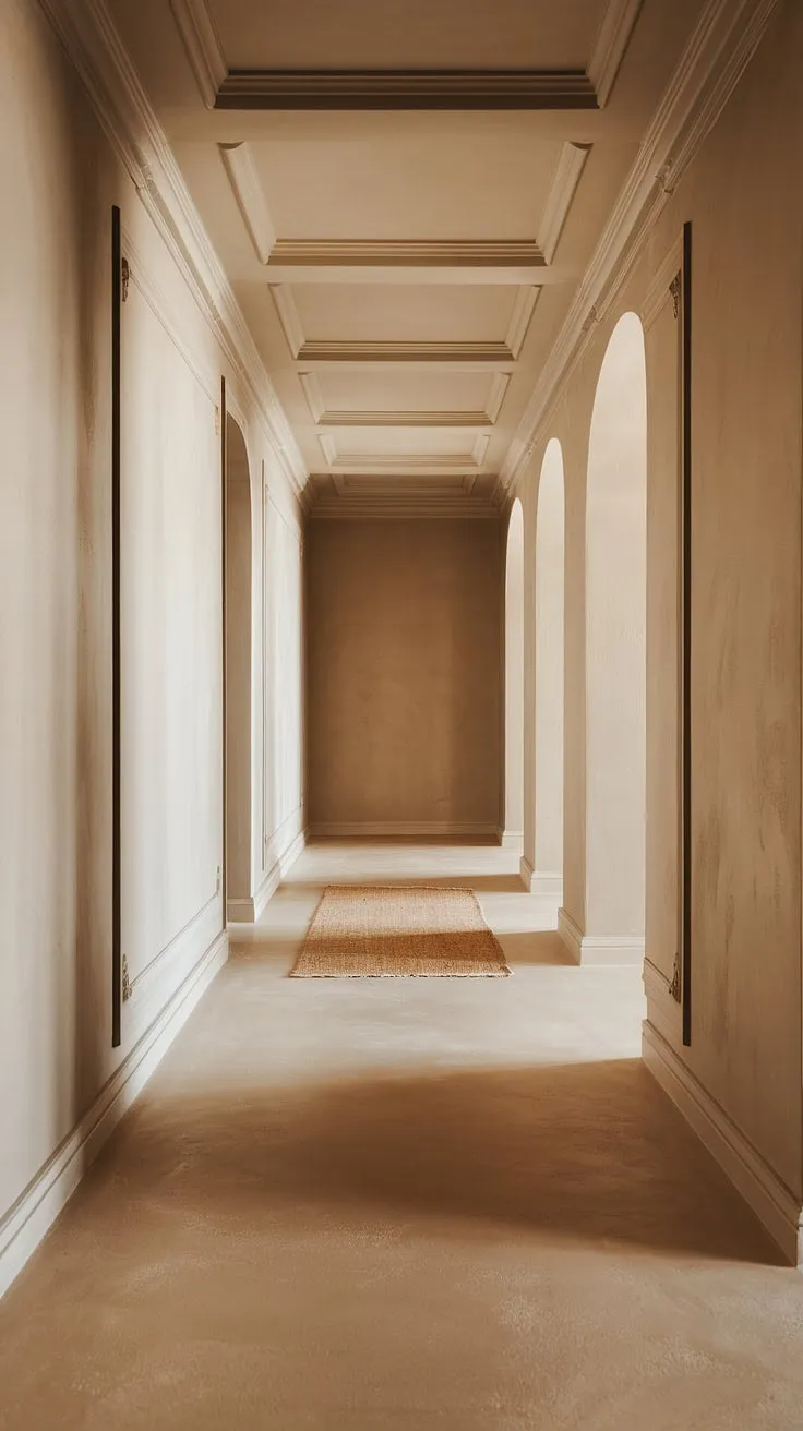 Step into serenity. This molded hallway, with its seamless beige flooring and warm lighting, offers a masterclass in clean entryway design and neutral hallway decor.  Discover elegant hallway interiors and hallway flooring ideas that effortlessly blend style and practicality.  Perfect inspiration for your own house hallway design and hallway wall decor ideas, showcasing the best in beige home decor ideas and decorative hallway design.