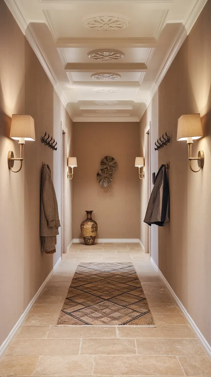 Step into serenity. This molded hallway, with its elegant beige home decor ideas and geometric rug, offers a masterclass in clean entryway design.  The neutral hallway decor and thoughtful hallway wall decor ideas, including the subtle lighting and decorative vase, create a sophisticated and inviting atmosphere. Perfect inspiration for your own hallway design ideas and hallway flooring ideas.  This house hallway design is the epitome of decorative hallway design and elegant hallway interiors.