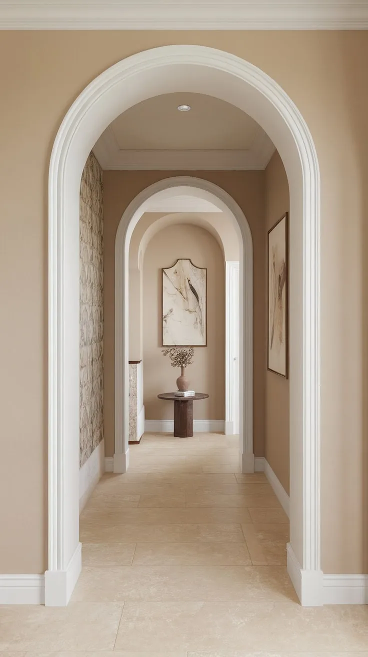 This beige home decor ideas showcase a truly captivating hallway design. The molded hallway, paired with a clean entryway design and decorative hallway design elements, results in elegant hallway interiors. Explore these hallway design ideas and hallway flooring ideas for your own home's transformation.  The neutral hallway decor perfectly complements the overall aesthetic.