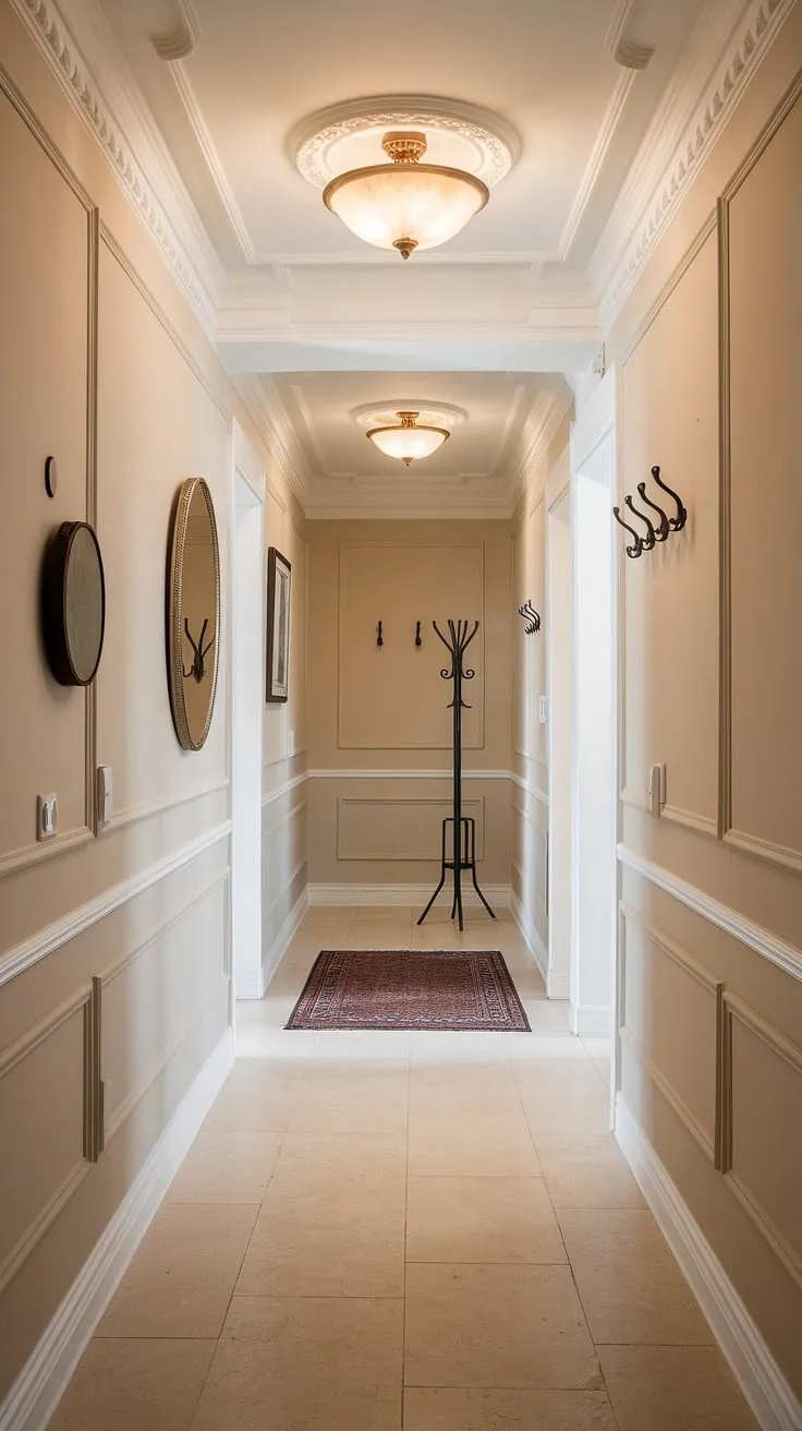 The epitome of understated elegance: this decorative hallway design features a stunning molded hallway ceiling and sophisticated neutral hallway decor.  Discover inspiring hallway design ideas and hallway flooring ideas within this beautiful space.  From the beige home decor ideas to the carefully curated hallway wall decor ideas, every detail contributes to the clean entryway design and elegant hallway interiors.