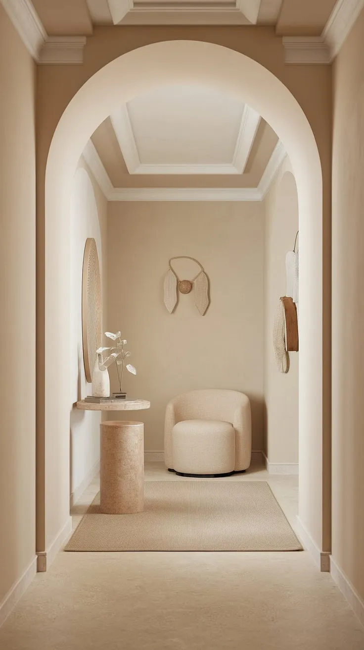 Step into serenity with this elegant hallway interiors design.  The molded hallway ceiling adds architectural interest to the clean entryway design, while the neutral hallway decor, including beige home decor ideas for the sofa and rug, creates a calming atmosphere.  This house hallway design showcases clever hallway flooring ideas and hallway wall decor ideas for a sophisticated and inviting space.  Perfect inspiration for your own hallway design ideas.
