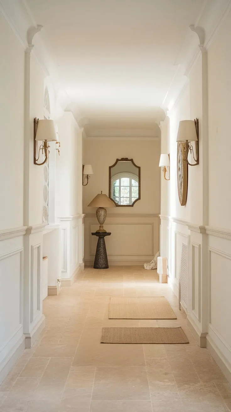 A study in understated elegance. This decorative hallway design features a calming beige and white palette, perfect for those seeking house hallway design inspiration. The clean lines and soft lighting highlight the thoughtful choices in hallway flooring ideas and hallway wall decor ideas, resulting in a truly captivating and functional molded hallway.  Explore the possibilities of beige home decor ideas and create your own clean entryway design.