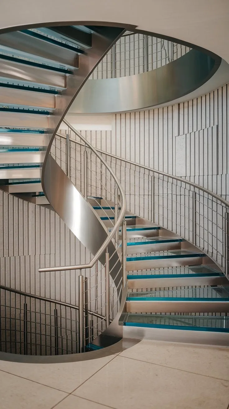 This contemporary interior staircase is a masterpiece of modern staircase design. The molded staircase, a spiral of glass and metal, showcases exceptional spiral staircase design and creative stair railings.  The partially absent railing adds a touch of daring to this striking piece of staircase architecture.