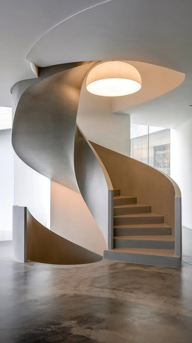 This modern spiral staircase, a stunning example of contemporary interior staircase design, features a molded staircase crafted from polished concrete.  The absence of a railing adds a dramatic flair to the spiral staircase design, highlighting the clean lines and innovative staircase architecture.  It begs the question: what creative stair railings could complement this masterpiece?
