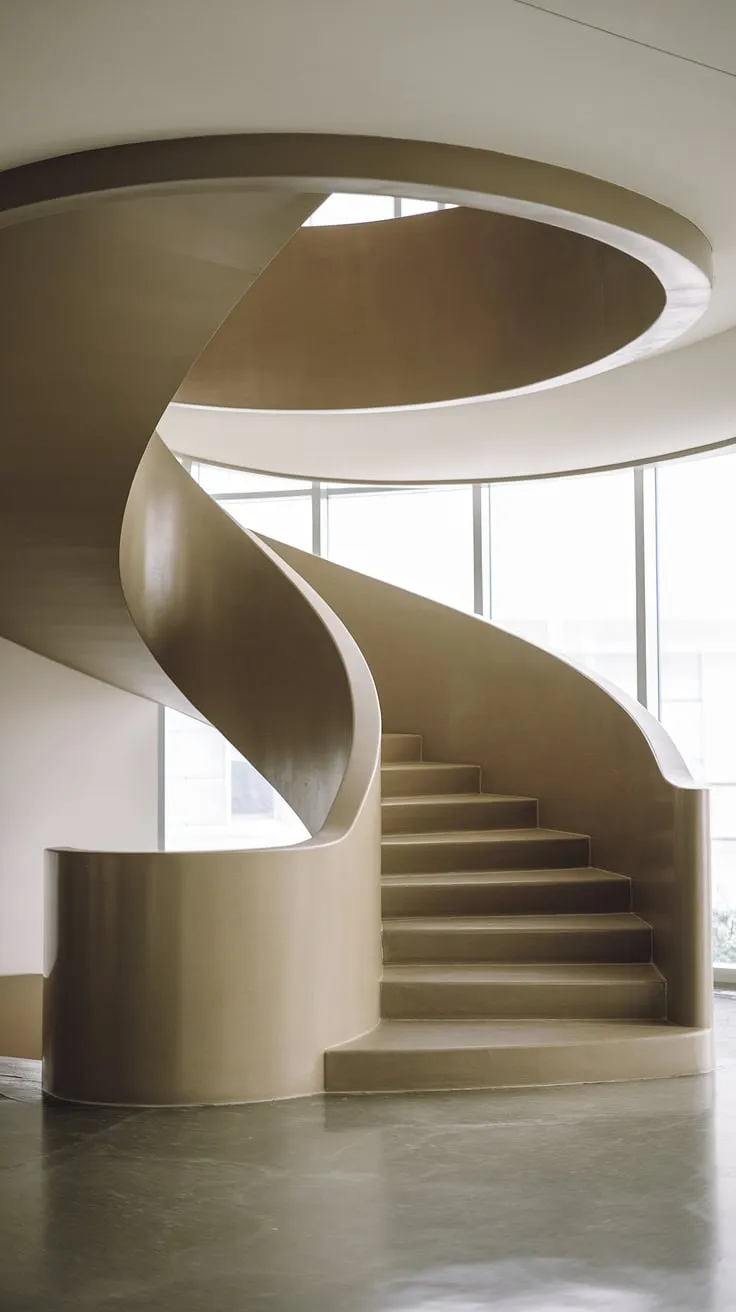 This contemporary interior staircase is a masterpiece of modern staircase design. The molded staircase gracefully spirals upwards, a stunning example of staircase architecture.  The daring staircase without railing invites a thrilling ascent, highlighting the innovative spiral staircase design and leaving room for imaginative creative stair railings.