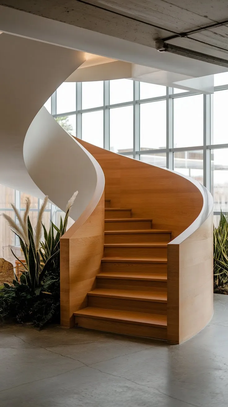 Sculptural and sleek, this molded staircase, a masterpiece of modern staircase design, gracefully ascends, its spiral form a captivating focal point in this contemporary interior.  The absence of a railing on sections adds a daring touch to the spiral staircase design, while the creative stair railings elsewhere provide a delicate counterpoint.  The interplay of light and shadow through the large window further enhances the staircase architecture.