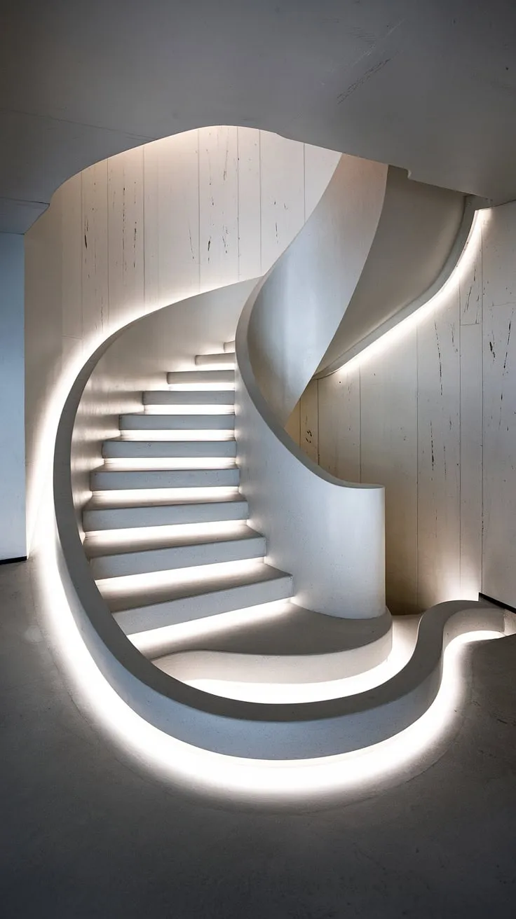 This molded staircase, a masterpiece of modern staircase design, elegantly spirals upwards.  The absence of railings in this contemporary interior staircase adds a dramatic flair, showcasing the clean lines of the spiral staircase design and the innovative staircase architecture.  The subtle glow from beneath highlights the smooth curves of this modern spiral staircase, leaving one to imagine the creative stair railings that could complete this stunning piece.