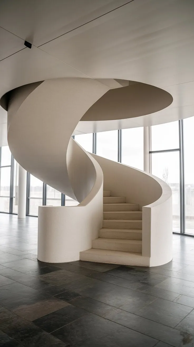 A breathtaking molded staircase, a testament to modern staircase design, gracefully spirals upwards.  The absence of a railing in this contemporary interior staircase adds a dramatic flair, showcasing the clean lines and sculptural form of the spiral staircase design.  The staircase architecture is a stunning focal point, inspiring thoughts of creative stair railings that could one day complete this masterpiece.