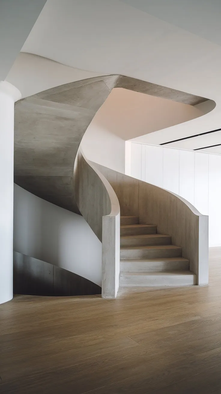A breathtaking molded staircase, a testament to modern staircase design.  The absence of a railing in this contemporary interior staircase enhances the minimalist aesthetic, showcasing the fluid lines of the spiral staircase design and its impressive staircase architecture.  The creative stair railings are deliberately omitted, focusing attention on the sculptural form of this modern spiral staircase.