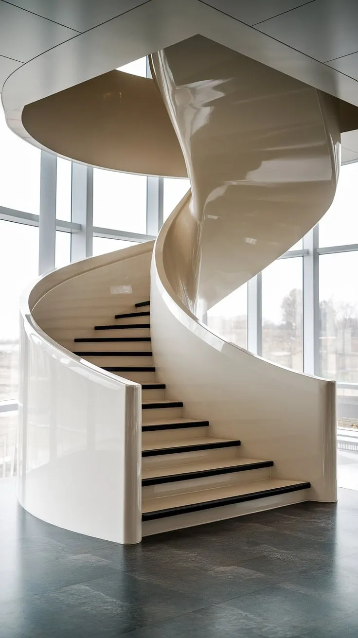 This modern staircase design is a sculptural masterpiece. The glossy white molded staircase, a daring spiral staircase without railing, ascends gracefully within the contemporary interior.  Its innovative spiral staircase design is a captivating example of staircase architecture, leaving one to imagine the possibilities of creative stair railings.