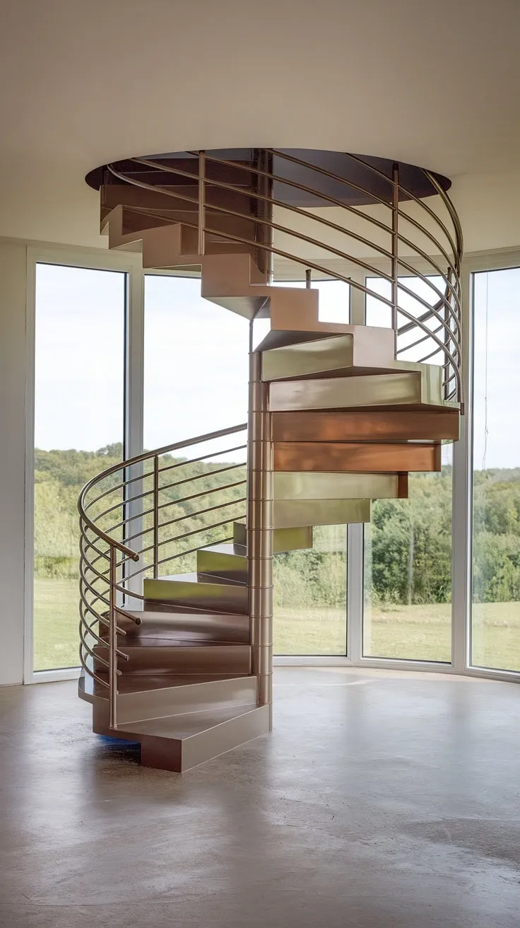 A breathtaking modern spiral staircase design, its sleek, molded staircase form a captivating focal point in this contemporary interior staircase setting.  The absence of railings adds a daring edge to the staircase architecture, while the expansive windows offer a stunning view, showcasing the innovative spiral staircase design.  The creative stair railings are deliberately omitted, emphasizing the clean lines and bold aesthetic.