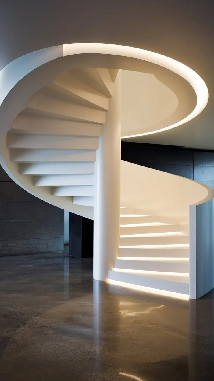 This modern spiral staircase, a sculptural marvel of contemporary interior staircase design, showcases a minimalist aesthetic. The molded staircase, gracefully spiraling upwards without a railing, is a striking example of innovative spiral staircase design.  Its subtle glow against the polished concrete floor elevates the space, leaving one to imagine the possibilities of creative stair railings for this architectural masterpiece.