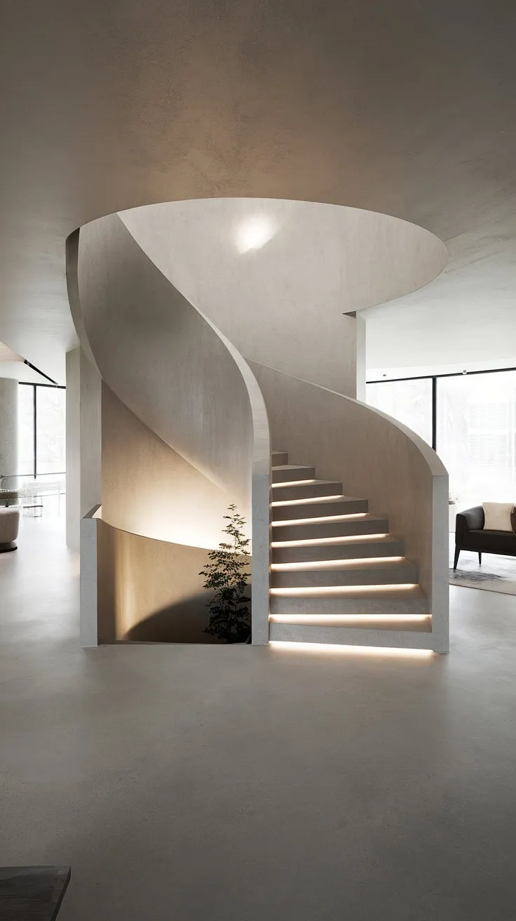 The minimalist aesthetic is elevated by this striking modern spiral staircase.  The molded staircase, a testament to contemporary interior staircase design, spirals upwards, its absence of railing a bold statement in staircase architecture.  This spiral staircase design, illuminated from below, is a captivating example of how innovative form can redefine space.  The potential for creative stair railings only adds to its allure.