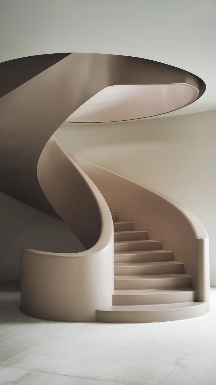 Sculptural and seamless, this modern spiral staircase design flows effortlessly through the contemporary interior.  The molded staircase, a masterpiece of staircase architecture, features creative stair railings that gracefully curve alongside its ascent, a testament to innovative staircase without railing design.