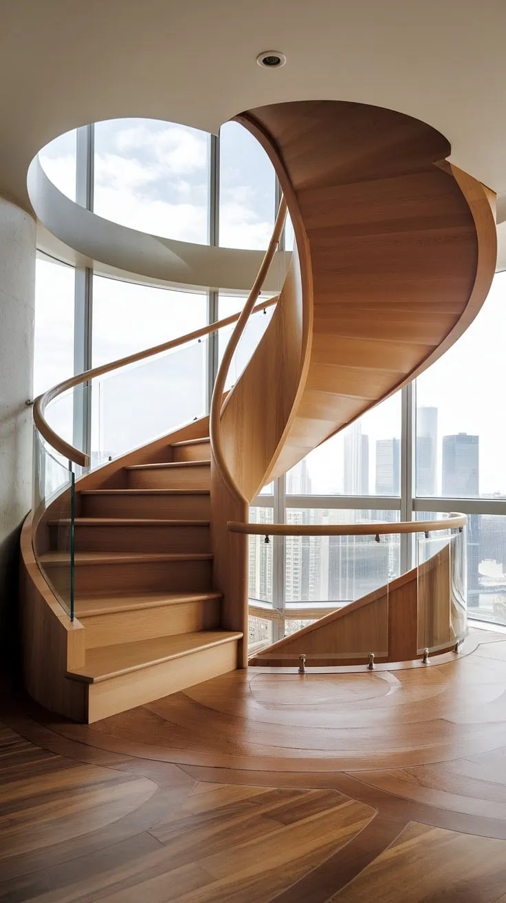 A breathtaking modern spiral staircase, its molded design a testament to exquisite staircase architecture. The creative stair railings, with their unique curved glass panels and varying wall attachments, defy convention, creating a contemporary interior staircase that's both functional and a stunning focal point in this room overlooking the city skyline.  The absence of a continuous railing on parts of the spiral adds a dramatic flair to this modern staircase design.