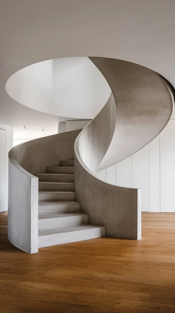 This modern spiral staircase, a stunning example of contemporary interior staircase design, commands attention with its smooth, molded concrete form. The staircase without railing creates a dramatic, open feel, highlighting the innovative spiral staircase design and the overall staircase architecture.  The minimalist aesthetic invites contemplation of its unique form and inspires ideas for creative stair railings.