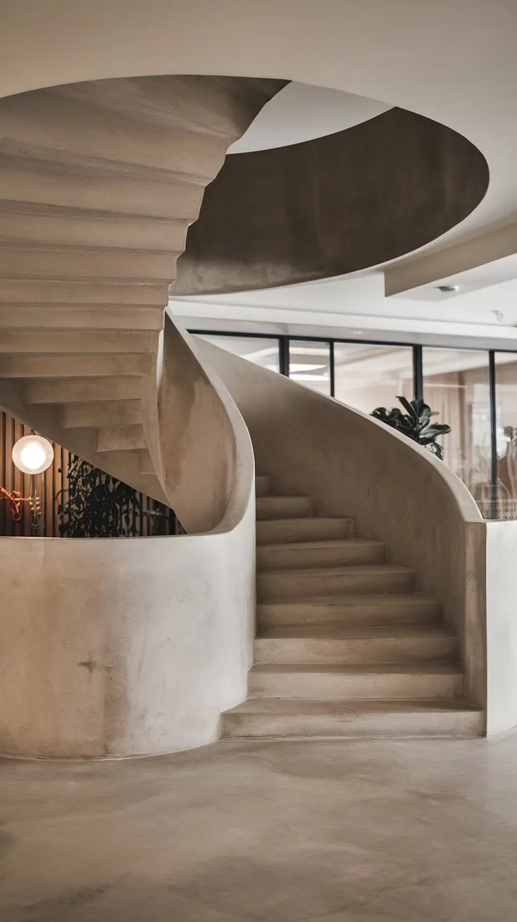 A breathtaking molded staircase, a testament to modern staircase design.  This contemporary interior staircase, a spiral staircase design without railing, showcases daring staircase architecture. The absence of traditional creative stair railings adds a dramatic flair to the space.