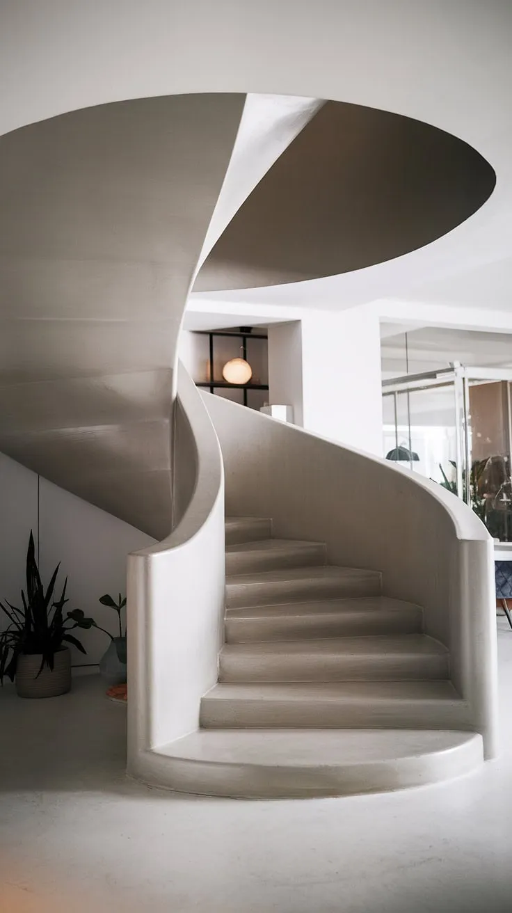 A sculptural masterpiece in concrete: this molded staircase, a modern spiral staircase design, elegantly ascends within the minimalist space.  The absence of a railing emphasizes the clean lines of the contemporary interior staircase, showcasing the boldness of the staircase architecture and leaving room for creative stair railings to be imagined.