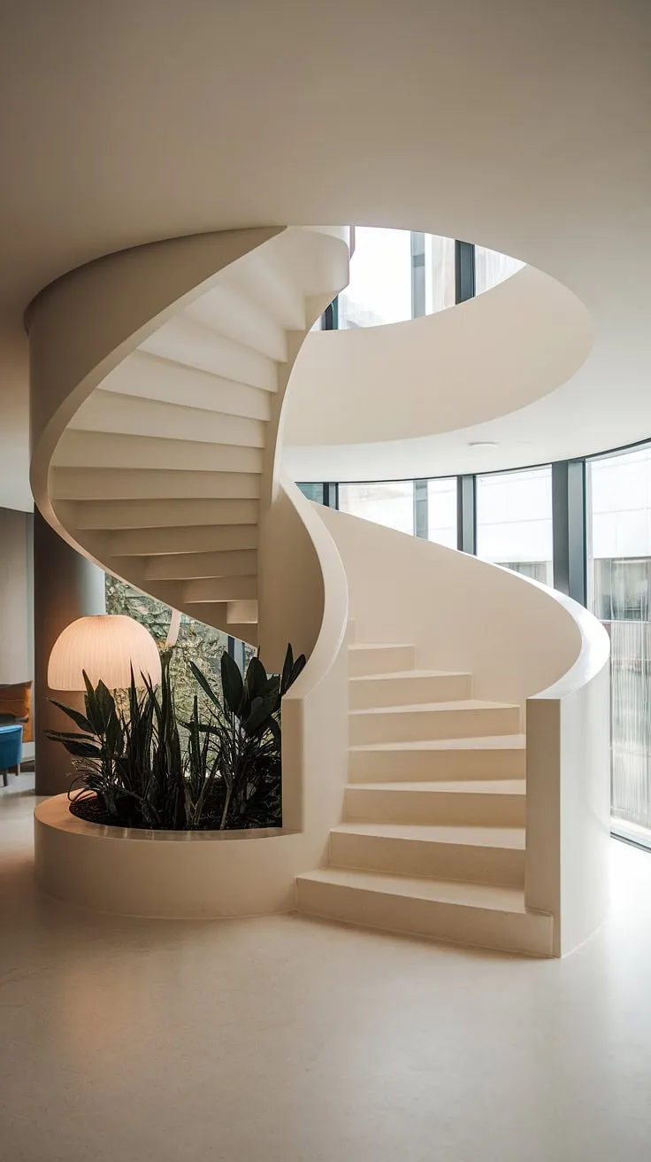 A breathtaking modern spiral staircase design, its molded staircase form gracefully ascending within a minimalist contemporary interior.  The absence of a railing adds a dramatic flair to this striking staircase architecture, showcasing a unique spiral staircase design that demands attention.  The clean lines and smooth white steps invite the eye upwards, leaving one to wonder about the creative stair railings that could complement this stunning piece.