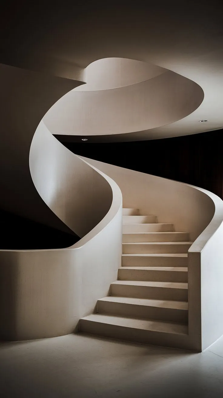 A breathtaking molded staircase, a modern spiral staircase design defying gravity in this contemporary interior.  The absence of a railing adds to its dramatic appeal, showcasing the clean lines and innovative staircase architecture.  This creative stair railings concept reimagines the traditional, offering a unique and unforgettable statement.
