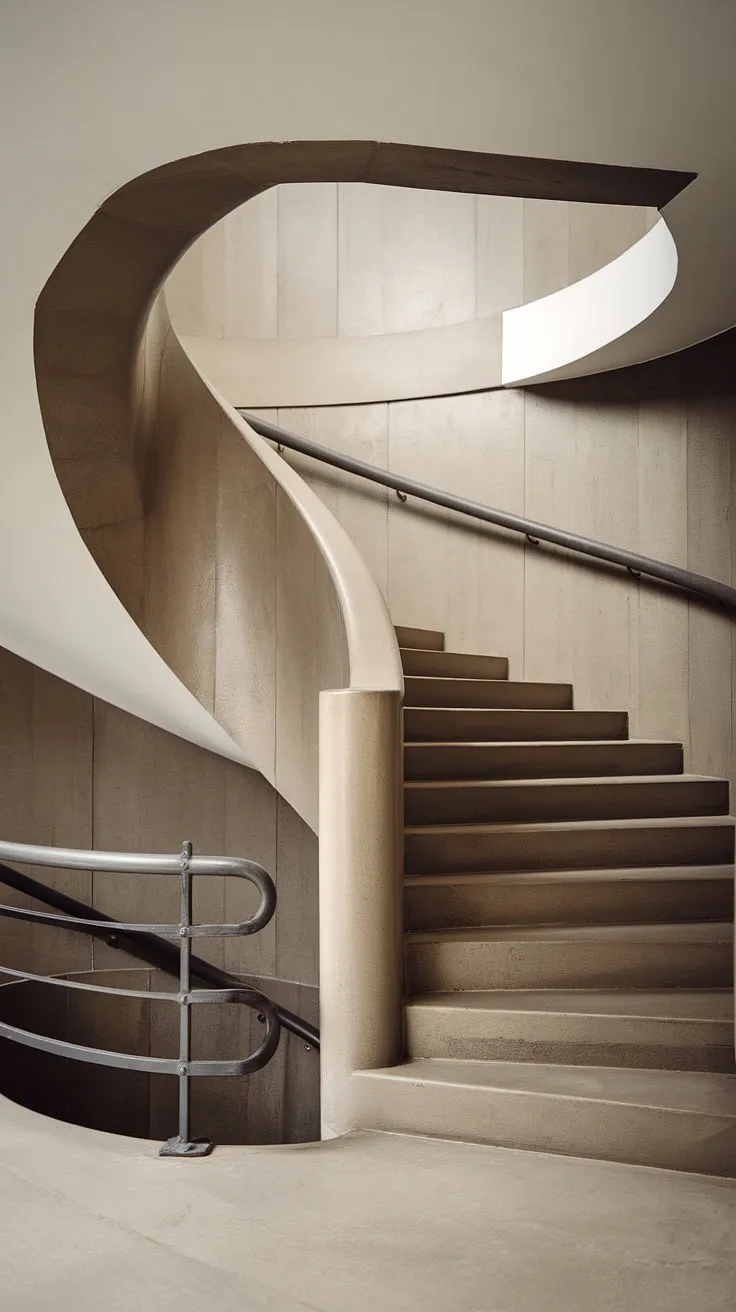 A breathtaking modern spiral staircase design, its molded staircase form a sculptural centerpiece in this contemporary interior.  The absence of a traditional railing is offset by the creative stair railings, a testament to innovative staircase architecture.