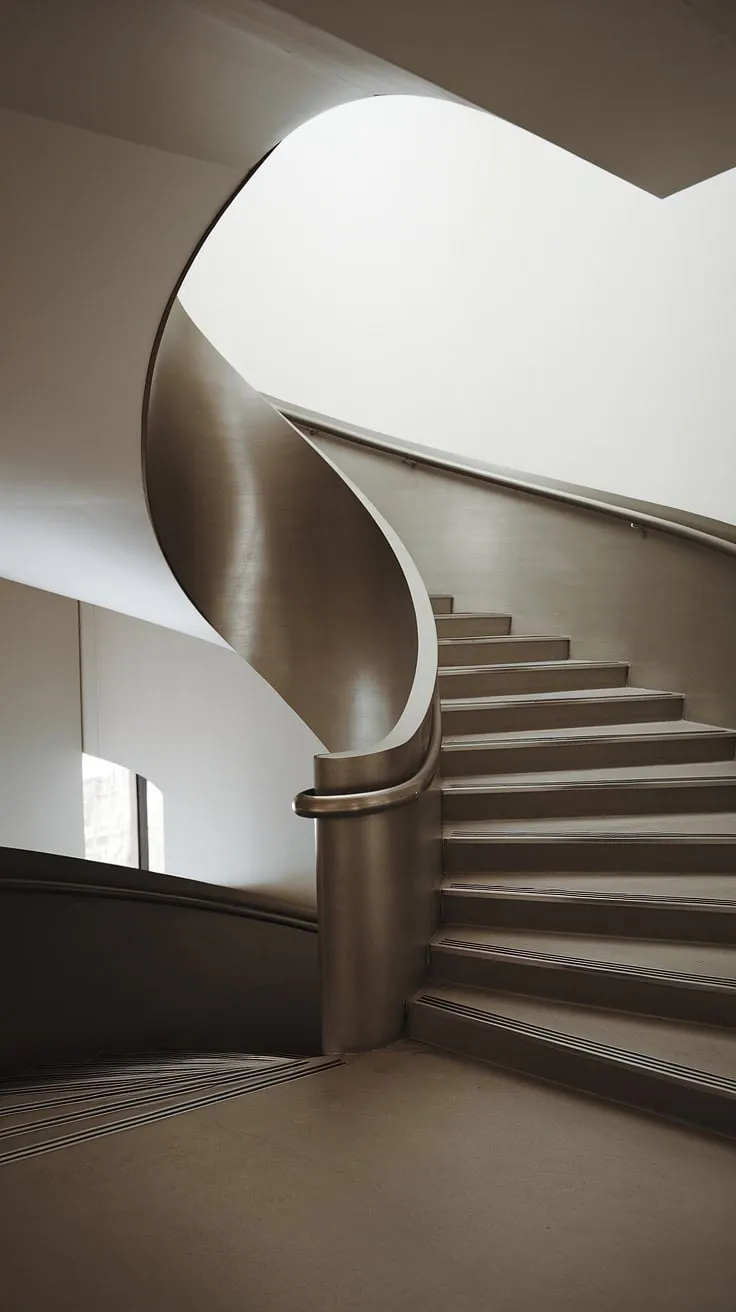 The graceful curve of this modern spiral staircase commands attention.  Its molded staircase design, a testament to contemporary interior staircase trends, features a sleek, matte black railing that complements the minimalist aesthetic.  This spiral staircase design is a perfect blend of form and function, showcasing innovative staircase architecture and creative stair railings.  A staircase without railing, yet undeniably safe and stylish.