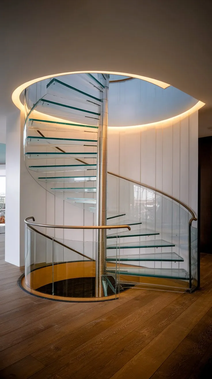 A breathtaking molded staircase, a modern staircase design masterpiece.  This contemporary interior staircase, a modern spiral staircase defying gravity, showcases innovative staircase architecture. The absence of creative stair railings adds to its dramatic allure, while the warm glow from below illuminates the stunning spiral staircase design.