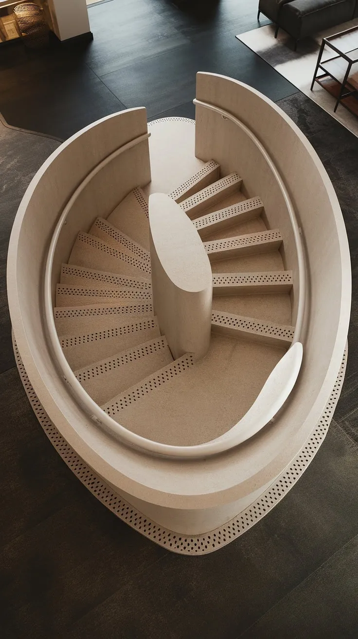 This modern spiral staircase, a stunning example of molded staircase artistry, floats effortlessly above the dark floor.  The spiral staircase design, a contemporary interior staircase masterpiece, showcases bold staircase architecture.  Its absence of a railing is a striking design choice, leaving the viewer to imagine the creative stair railings that could be.