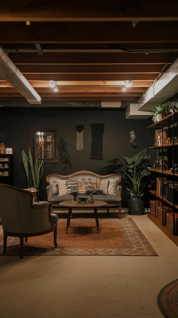 Step into a captivating basement where dark walls and warm lighting harmonize with vintage furniture and modern plants, creating an inviting yet intriguing atmosphere.