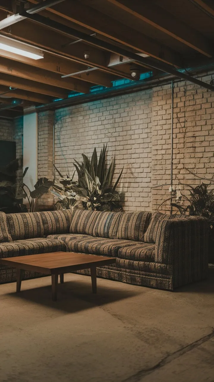 This vintage-remodeled basement artfully combines rustic charm and modern comfort, featuring exposed brick and plush furnishings for a uniquely inviting retreat.