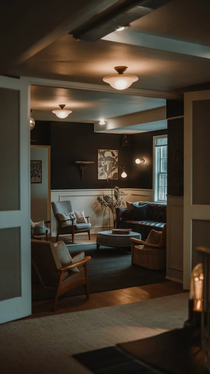 This vintage-inspired basement rec room, with its dark walls and unique lighting, transforms into a cozy yet sophisticated retreat.