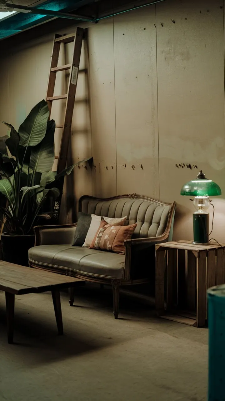 The basement exudes a captivating charm with its textured concrete floor, beige walls adorned with old nails, and the warm glow of a vintage lamp, creating a cozy retreat enriched by worn wood and a hint of nature.