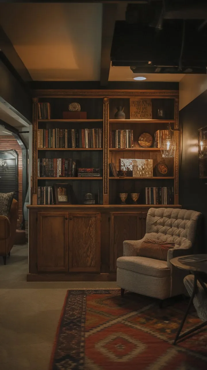 This cozy basement sanctuary, with its dark walls and soft lighting, invites you to unwind among overflowing bookshelves and a plush chair, perfect for losing yourself in a good read.