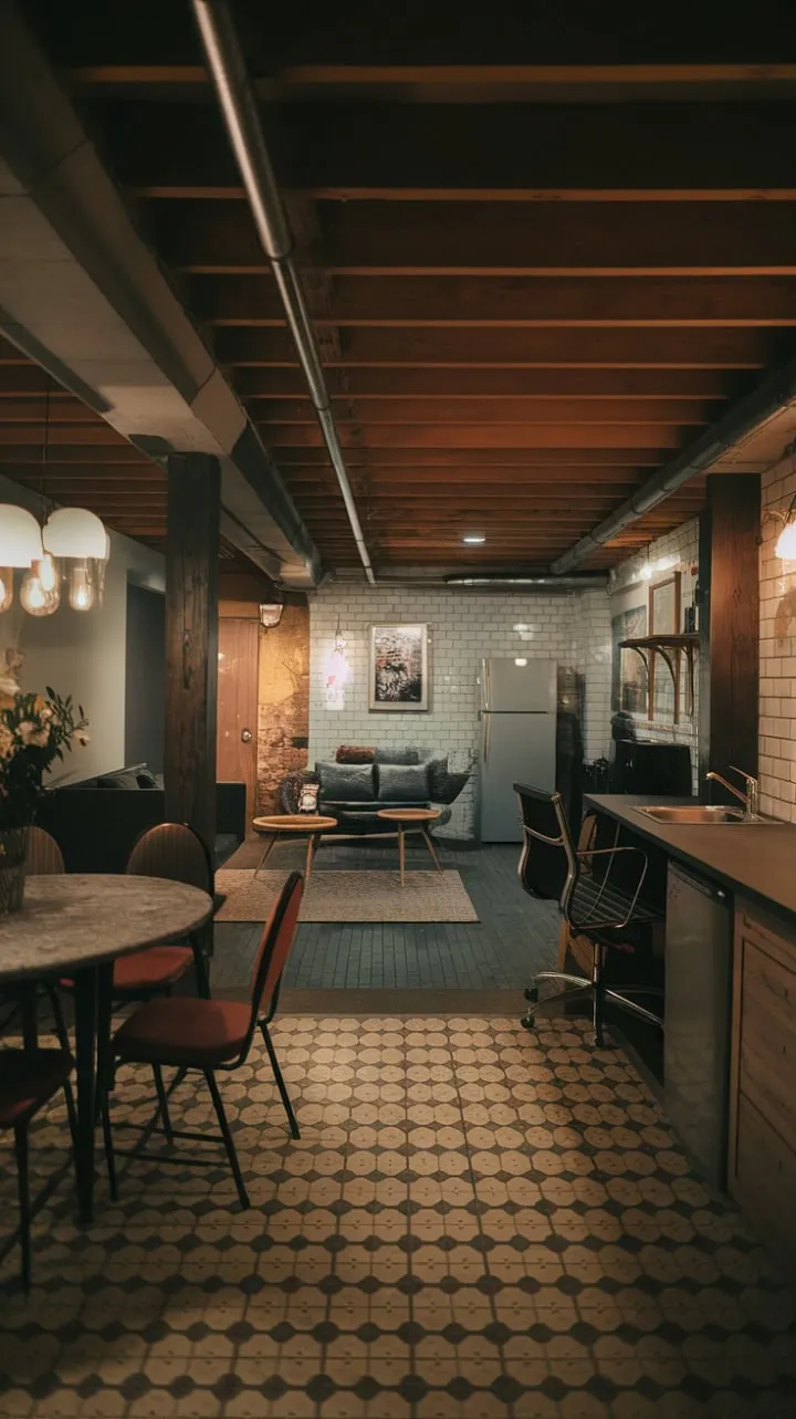 This moody basement masterfully combines vintage charm and modern functionality, creating an inviting and inspiring open-plan retreat.