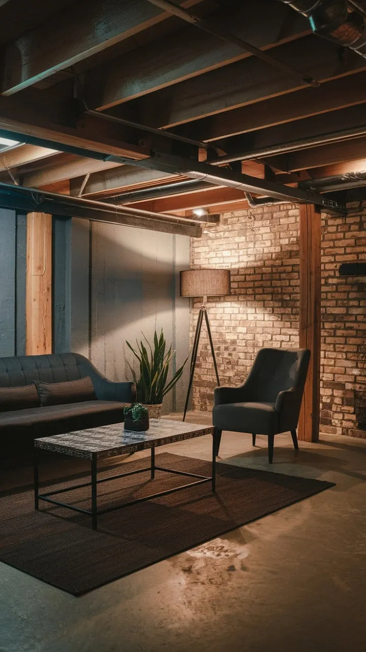 This basement oasis, adorned with exposed brick and wooden beams, masterfully blends vintage charm and modern comfort, creating a serene retreat for relaxation.