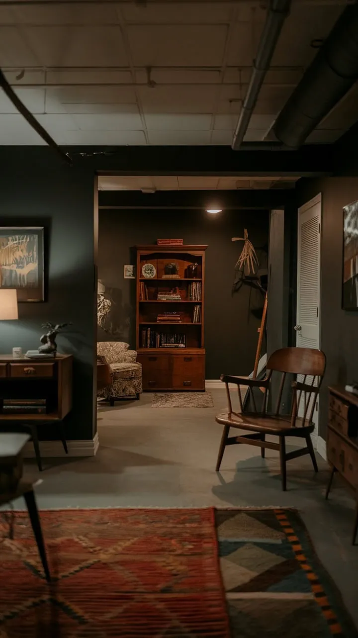Step into a captivating basement retreat where vintage charm meets modern comfort in a beautifully curated atmosphere.