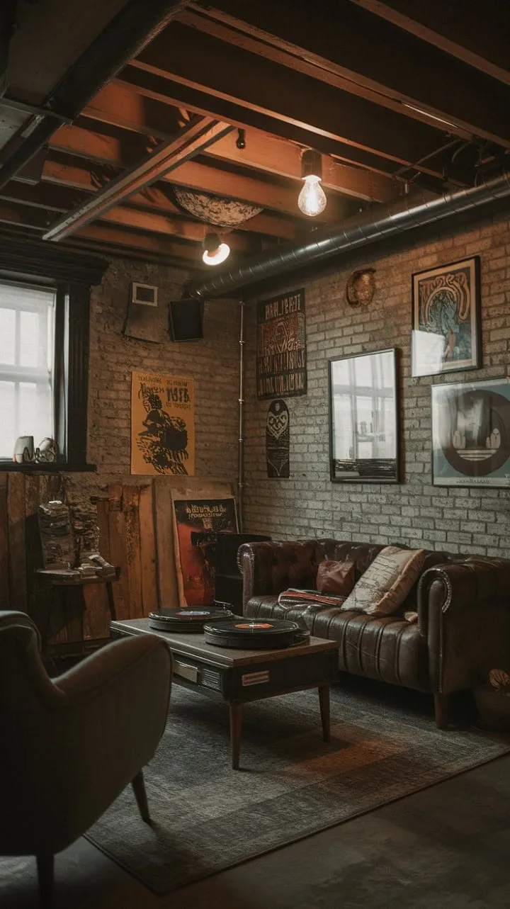 This vintage-inspired basement retreat, with its exposed brick and warm lighting, exudes relaxed sophistication, making it the perfect sanctuary for unwinding.
