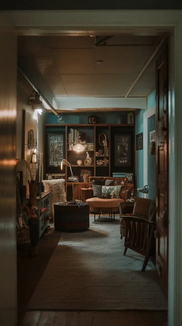 This vintage-inspired basement makeover proves that with thoughtful lighting and decor, dark spaces can radiate warmth and charm.