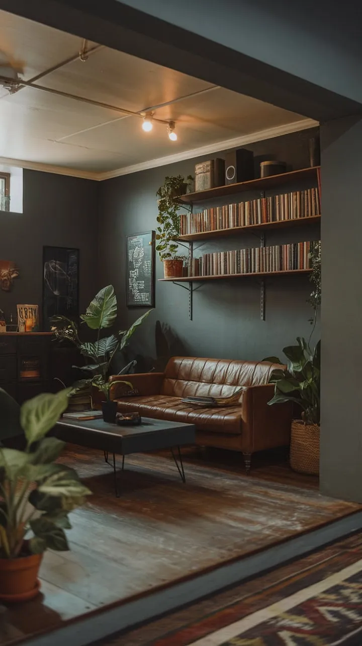 This stylish basement retreat, adorned with vintage charm and warm lighting, serves as a serene sanctuary for relaxation and reflection amidst dark grey walls and a curated collection of books and plants.