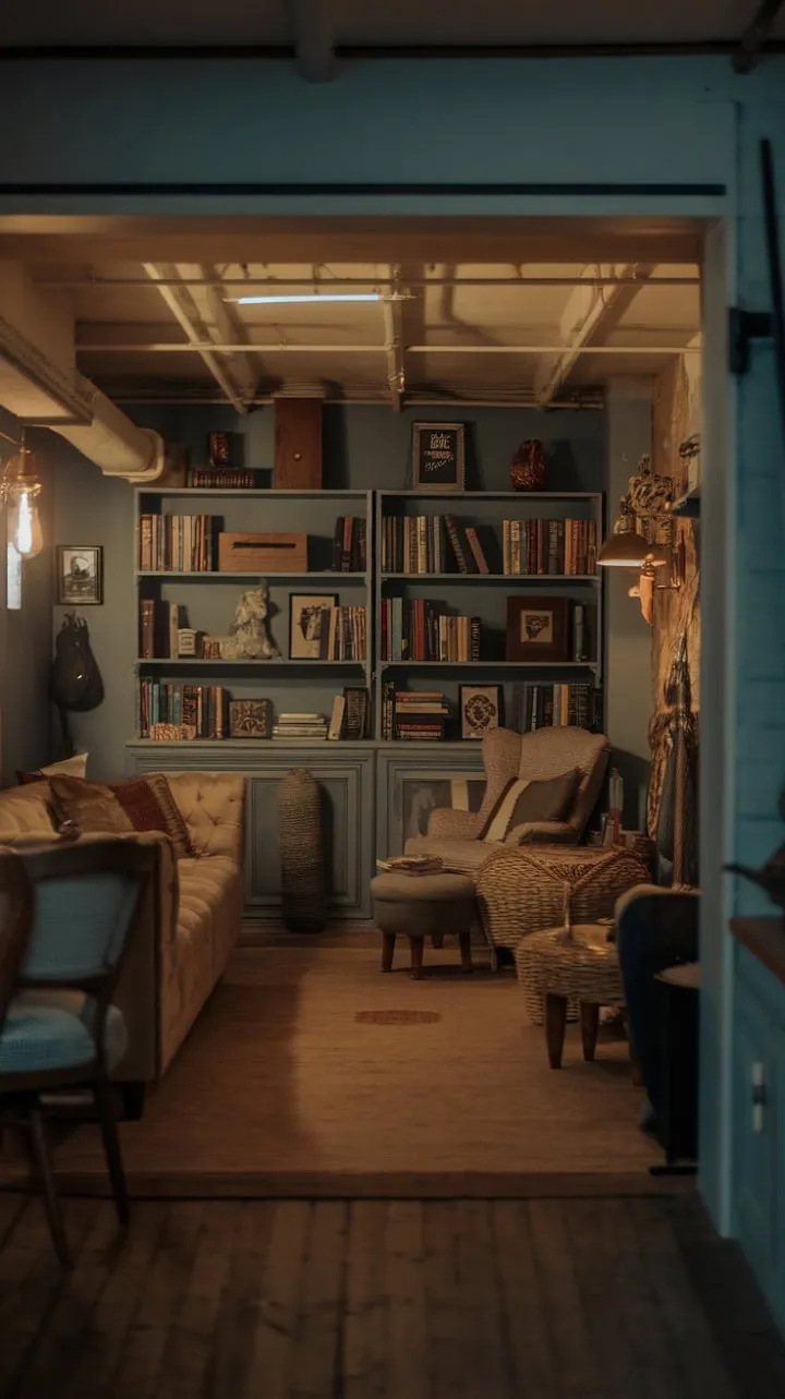 This vintage-inspired basement blends cozy charm with modern comfort, creating an inviting sanctuary perfect for relaxation.