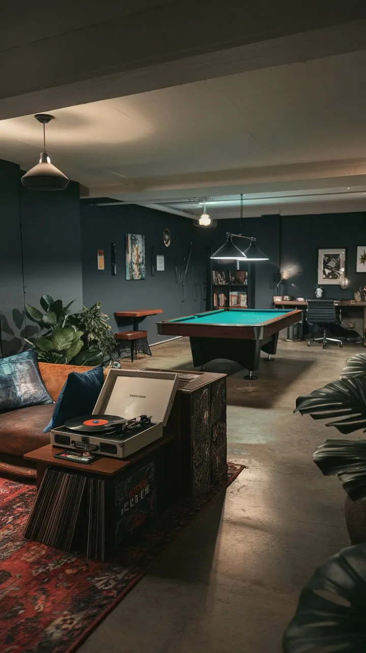 This eclectic basement haven, with its dark grey walls and exposed concrete, seamlessly blends vintage charm and modern functionality, inviting creativity and relaxation in every corner.